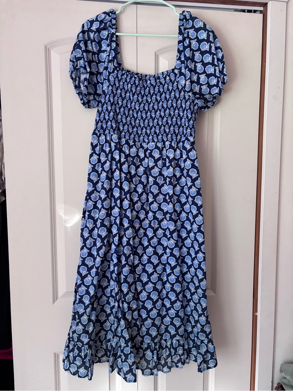 J. Crew Navy and Light Blue Puff-Sleeve Smocked Dress